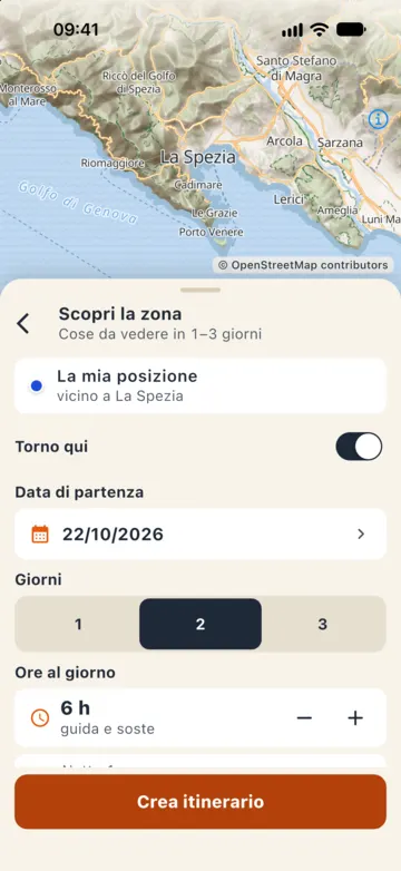 Scopri la zona: partenza dalla mia posizione, «Torno qui», 2 giorni, 6 h al giorno, notte 1 scelta dall'app.