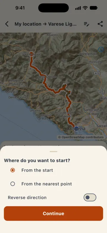 "How do you want to start?" with From the start, From the nearest point and the Reverse direction switch.
