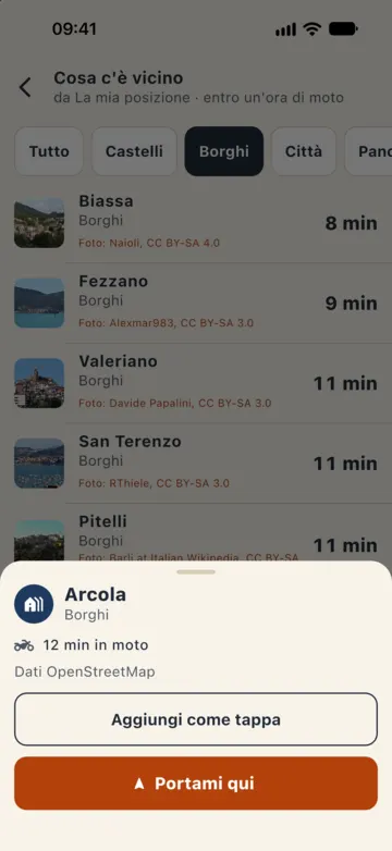 Scheda di Porto Venere: borgo, Patrimonio UNESCO, 16 min in moto, a piedi 150 m dal punto dove lasci la moto, pulsanti «Aggiungi come tappa» e «Portami qui».