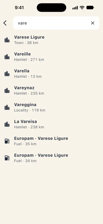Search for "vare" with no connection: Varese Ligure, Varella, Vareggina and fuel stations with straight-line distance.