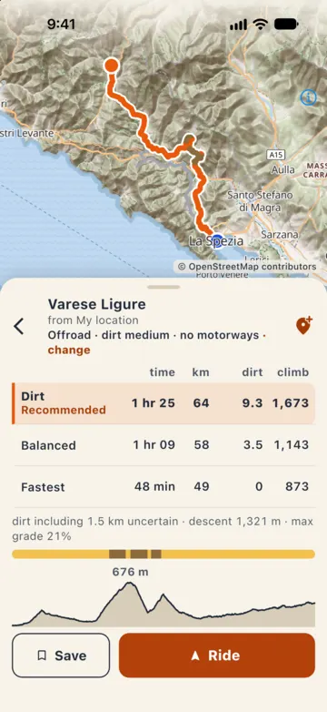 La Spezia to Varese Ligure, Offroad and medium dirt: Dirt recommended 1 h 25, 64 km, 9.3 km of dirt, 1,673 m climb; Balanced and Fastest below; surface strip and elevation profile.