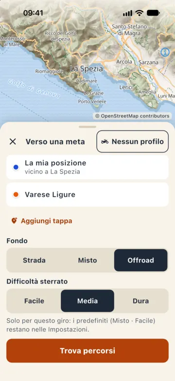 Modulo Verso una meta: La mia posizione, Varese Ligure, «Aggiungi tappa», fondo Offroad, difficoltà Media, «Trova percorsi».