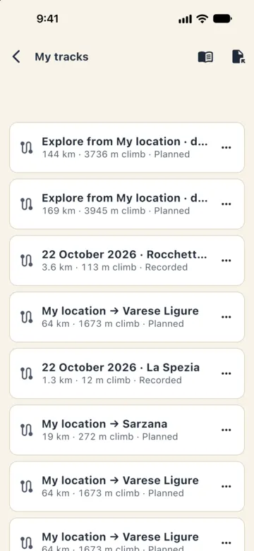 My tracks: planned trips and routes and recorded rides, each with km, climb and source.