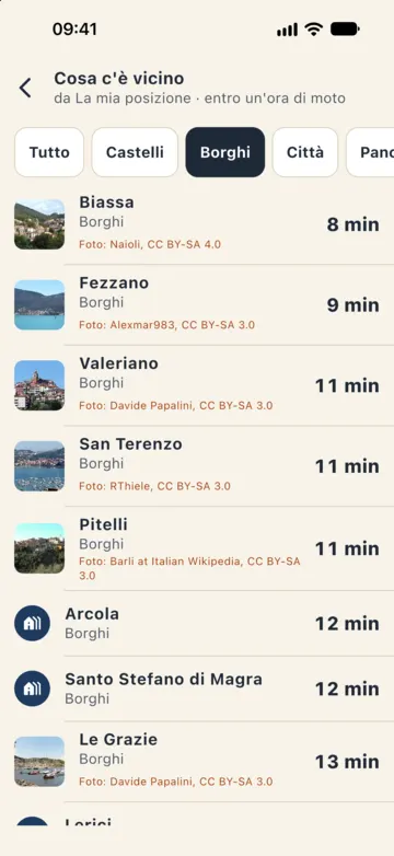 Cosa c'è vicino filtrato su Borghi: Biassa 8 min, Fezzano 9 min, Valeriano 11 min, Pitelli 12 min.