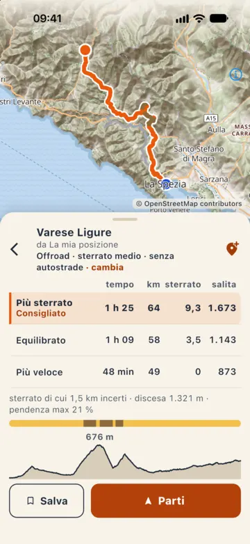 Tre percorsi verso Varese Ligure con tempo, km, km di sterrato e salita, prima di aprire il riepilogo con il meteo.