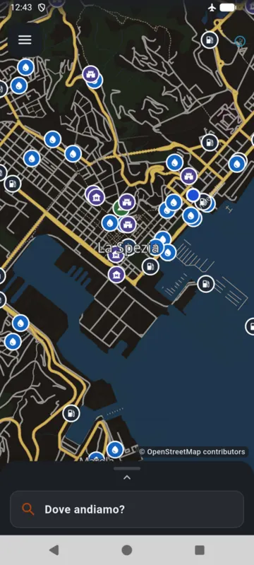 Map of La Spezia with fuel station, viewpoint and hut icons switched on.