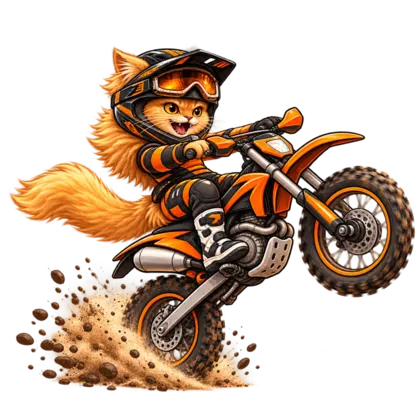Polly the biker cat pulling a wheelie on an orange enduro bike.