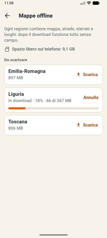 Offline maps (Italian interface): Liguria downloading at 18%, 66 of 347 MB, with Cancel; Emilia-Romagna 897 MB and Toscana 806 MB to download.