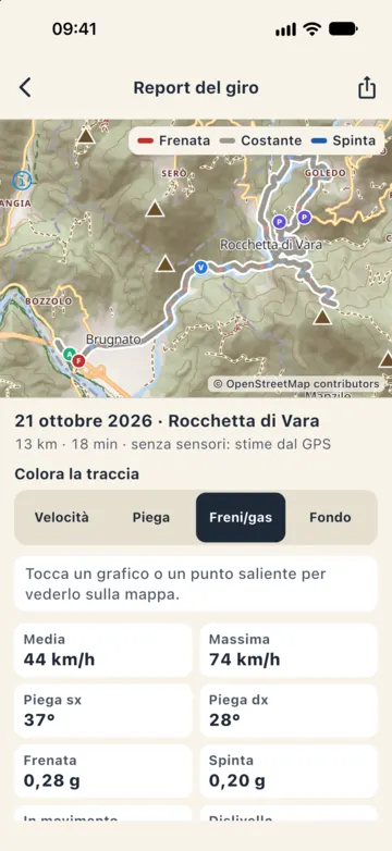 Report coloured by brake and throttle (Italian interface): braking red, steady grey, acceleration blue, with the highlights on the map.