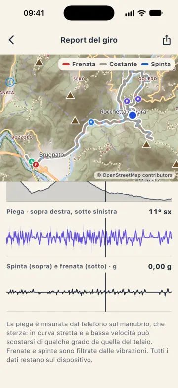 Report charts (Italian interface): lean right above and left below, acceleration and braking in g, with the vertical cursor on the same point in both charts.