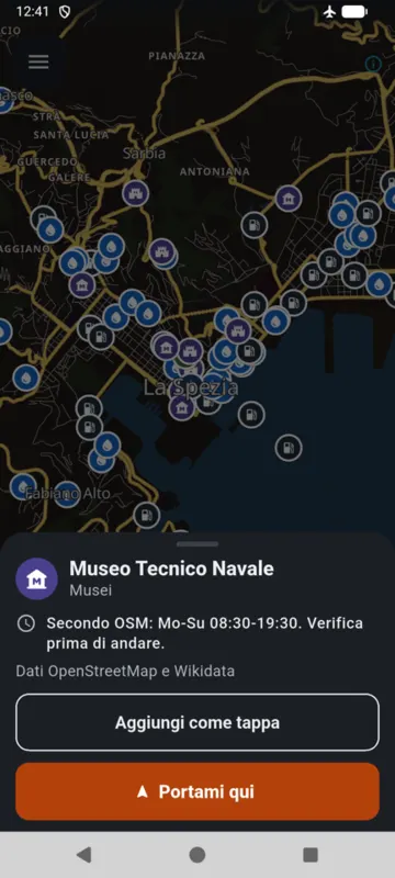 Card of a museum with OpenStreetMap opening hours and the buttons "Add as stop" and "Take me here" (Italian interface).