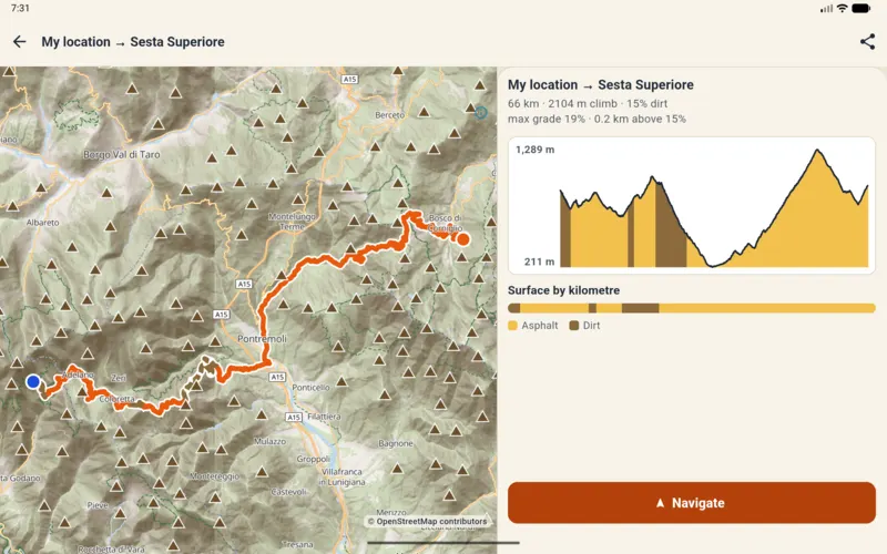 Track detail on a tablet: topo map and elevation profile side by side.