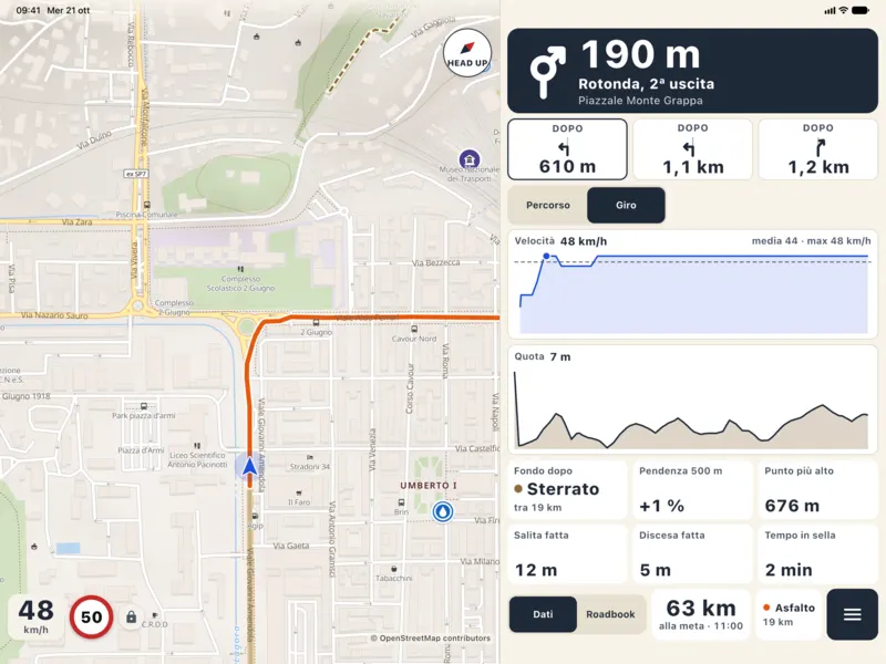 Tablet: grafico Giro con velocità e quota che si riempiono durante la guida.