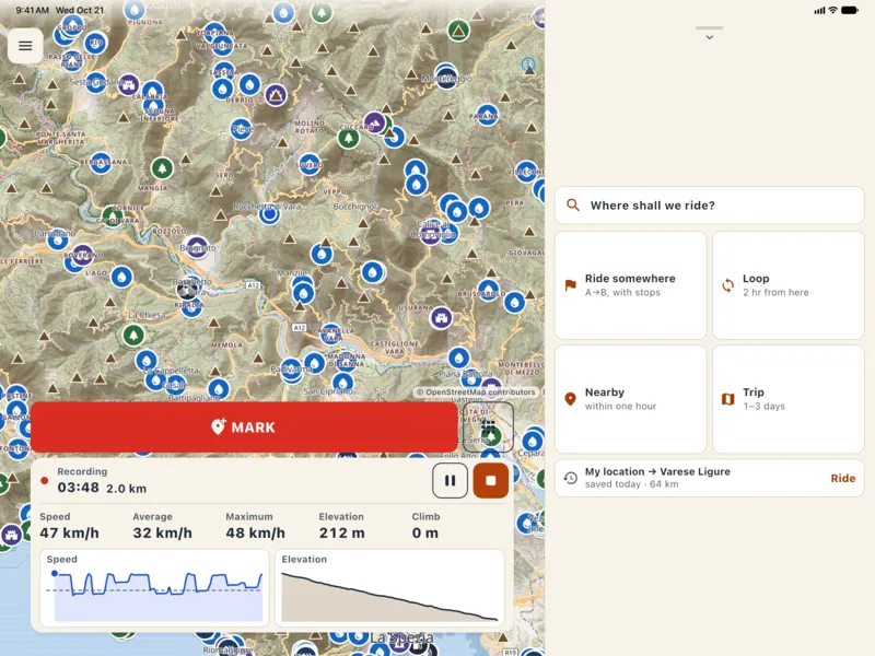 Tablet: free ride with speed and altitude charts under the dashboard.