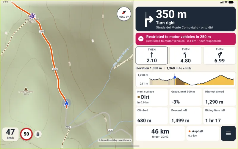 Tablet navigation with the alert Restricted to motor vehicles in 250 m.