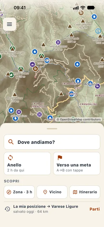 Carta topografica tra Monte Gottero e Adelano: rilievo ombreggiato, curve di livello, piste sterrate, cime con la quota, rifugi, sorgenti e passi.