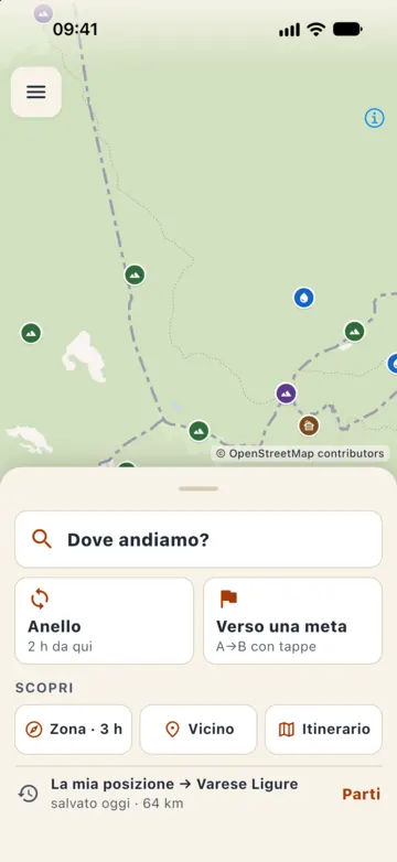 La stessa zona con la carta topografica spenta: mappa piana senza rilievo né curve di livello; restano sentieri e punti d'interesse.